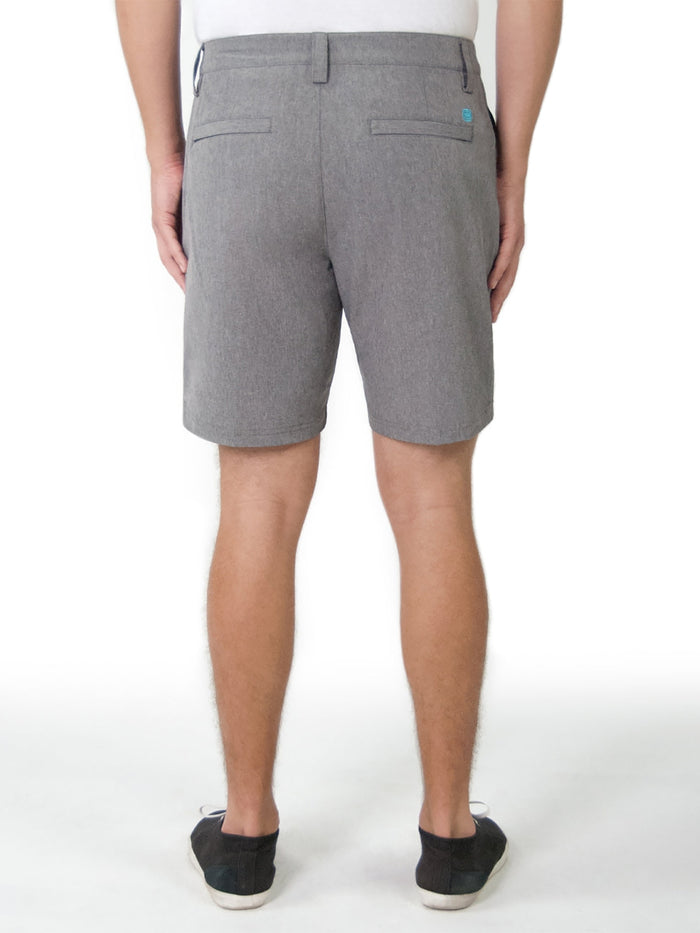 Gray performance shorts, solid color, back pockets, rear view.