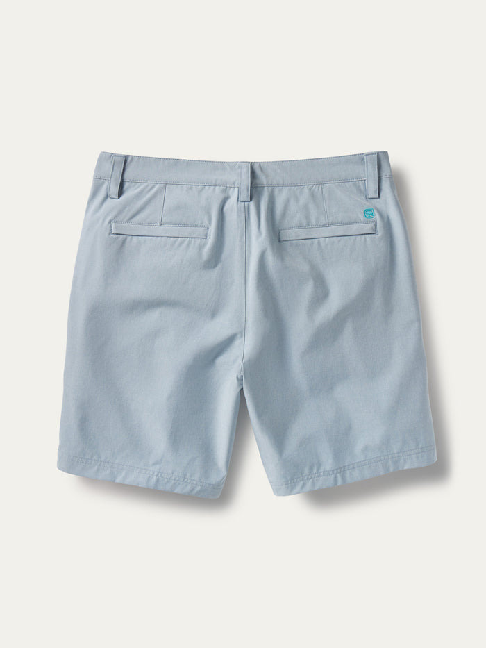 Light blue mens performance shorts, back view, with belt loops and technical fabric.