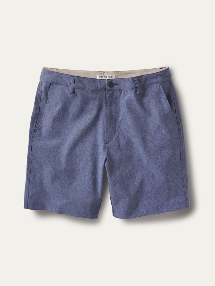 Blue solid mens shorts with belt loops and button closure, flat lay view.