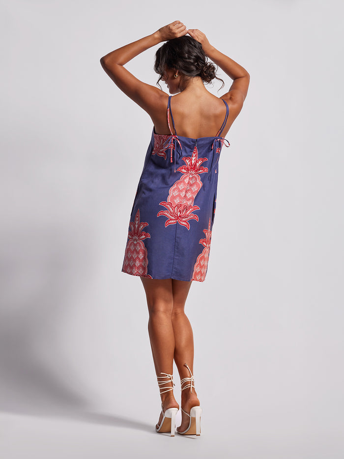 Blue shift dress with red pineapple print, back view, arms raised.