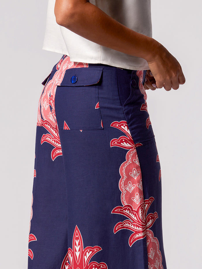 Navy wide-leg pants with pink and red floral print, waist down, side view.