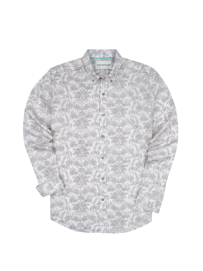 White poplin shirt with gray palm tree and island print, long sleeves, front view.