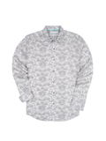 White poplin shirt with gray palm tree and island print, long sleeves, front view.