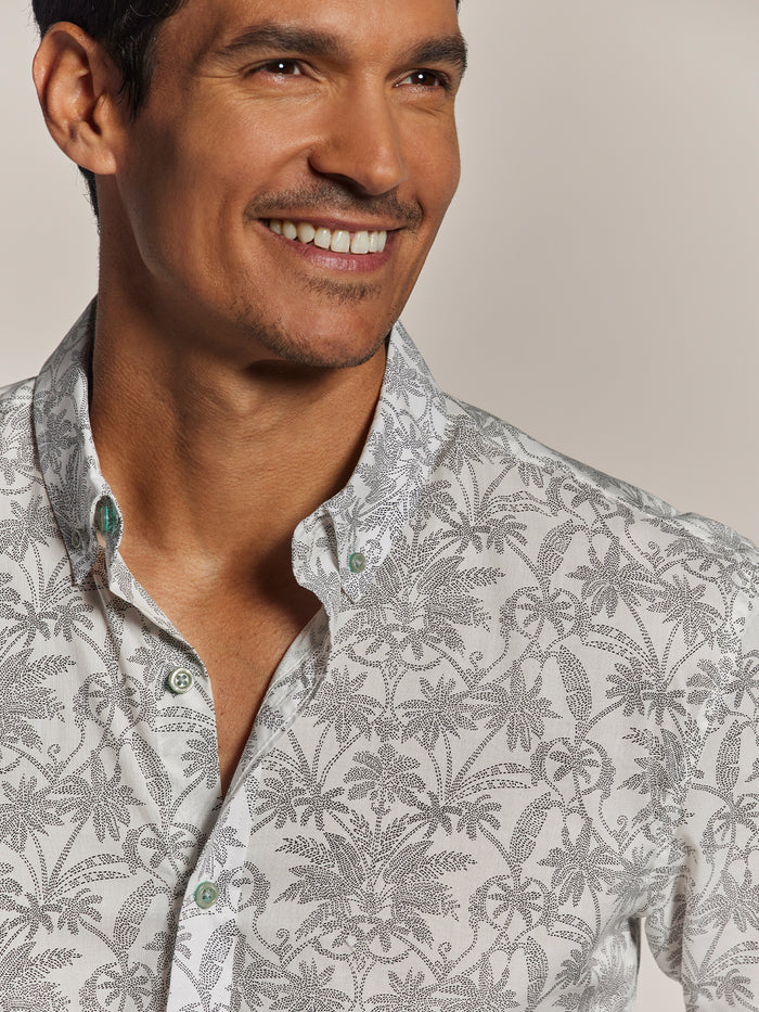 Blue Symmetree-pattern mens long-sleeve shirt, shoulders up, neutral background (2 images).
