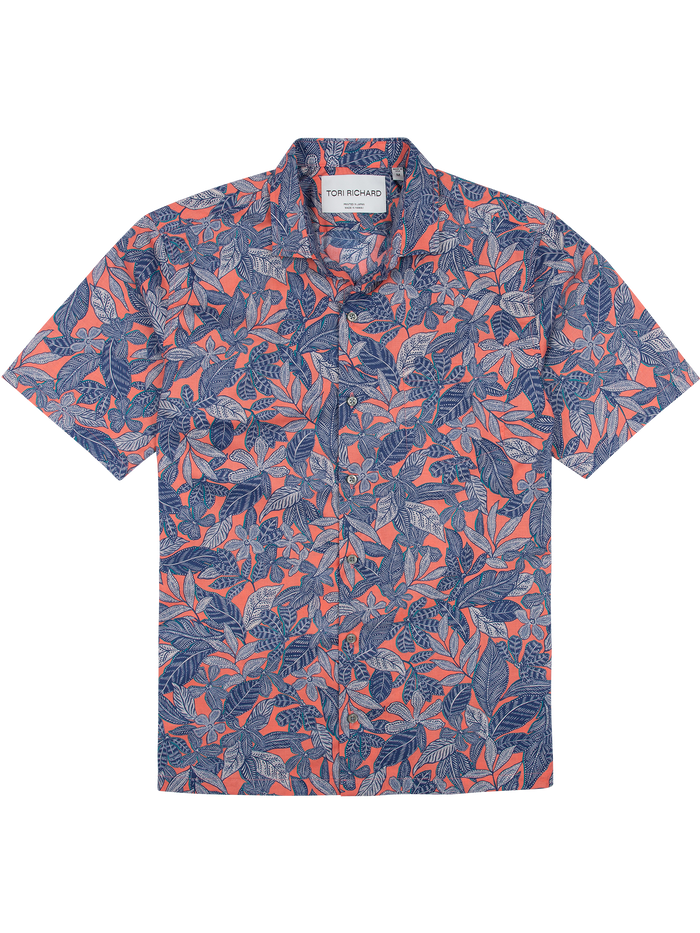 Blue and red Naupaka leaf-print short-sleeve cotton shirt, front view shown in both images.