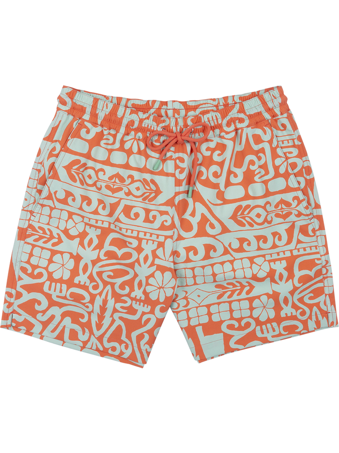 Orange and white geometric-print swim shorts, elastic drawstring waist, shown from front and side with waistband detail.