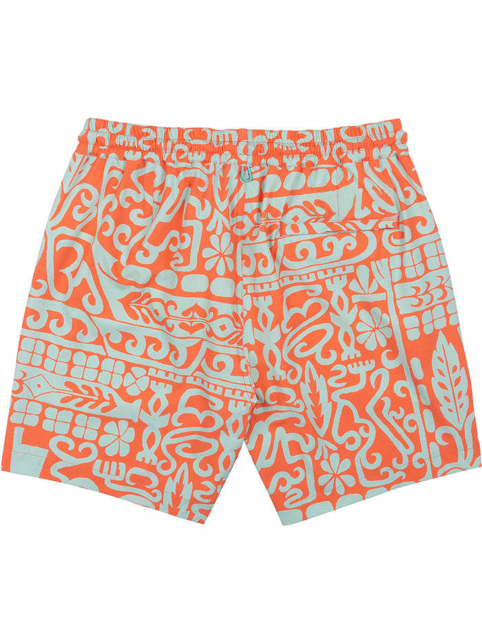 Orange and white geometric-print swim shorts with an elastic waist, shown from front and side views.