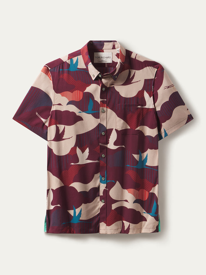 Maroon, beige, and blue crane-print short-sleeve shirt, front view with UPF sun protection.