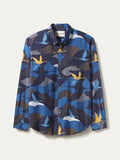 Blue and yellow crane-print long-sleeve button-up shirt. Flat lay front view.