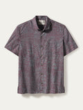 Red and gray geometric-print short-sleeve button-up shirt, front view shown in both images.