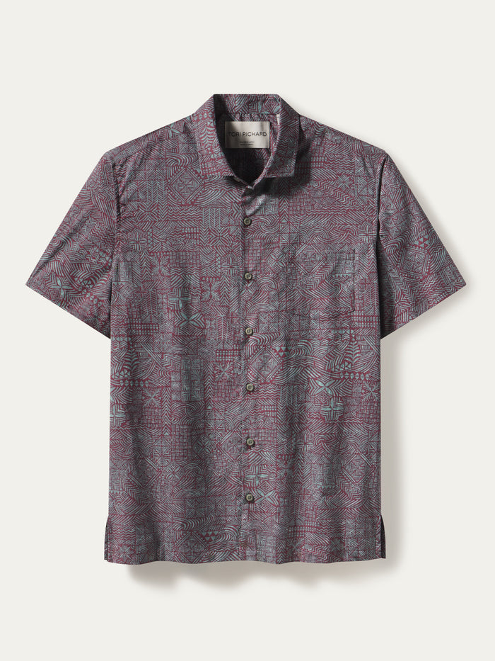 Red and gray geometric-print short-sleeve button-up shirt, front view shown in both images.