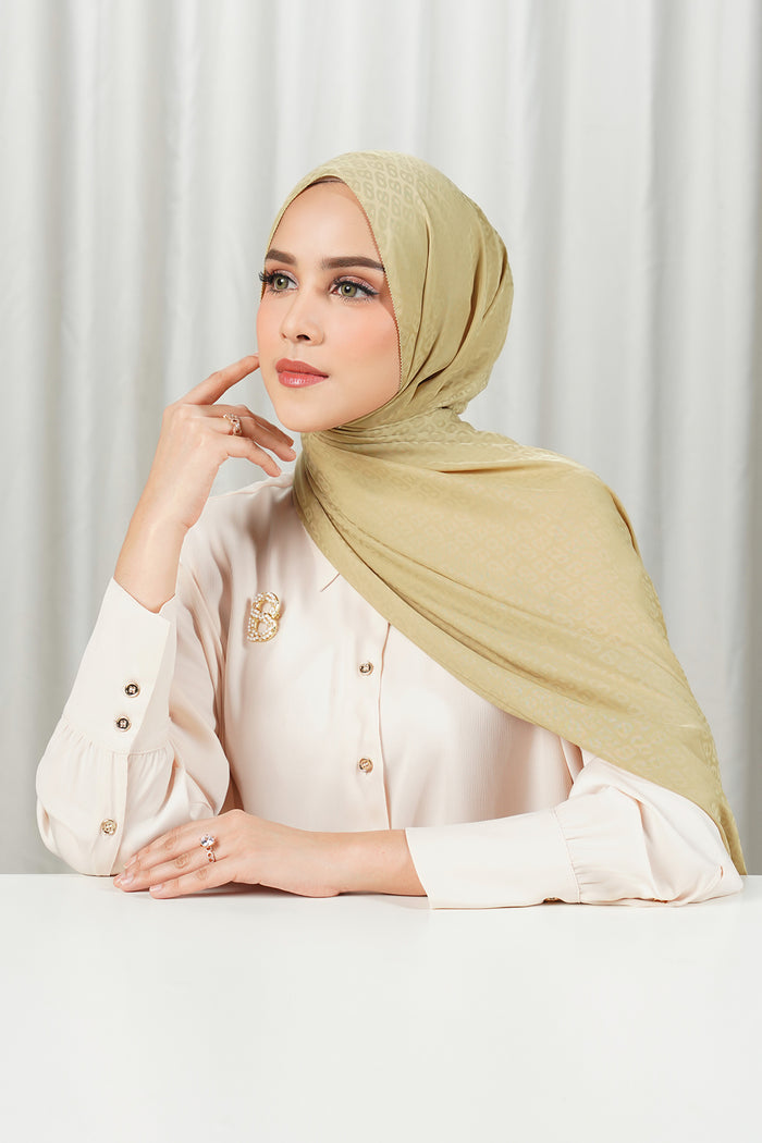 tapis satin jacquard shawl in khaki by buttonscarves