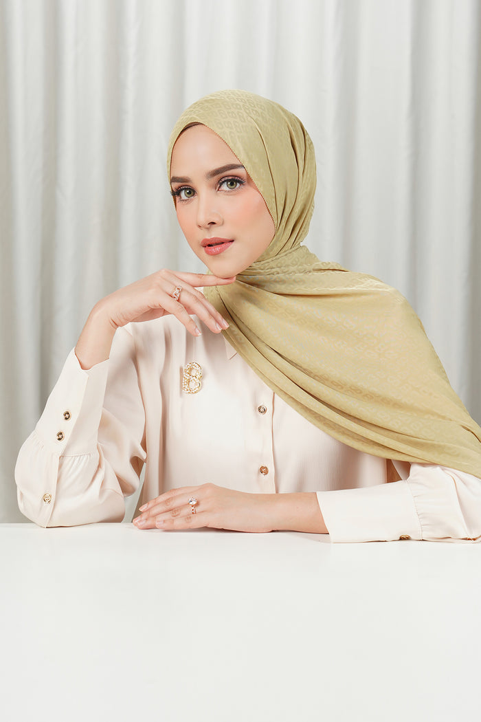 tapis satin jacquard shawl in khaki by buttonscarves front view