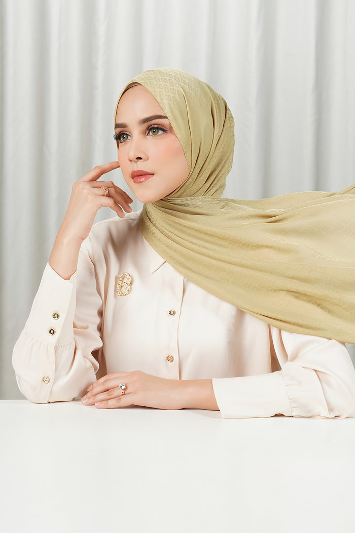 tapis satin jacquard shawl in khaki by buttonscarves
