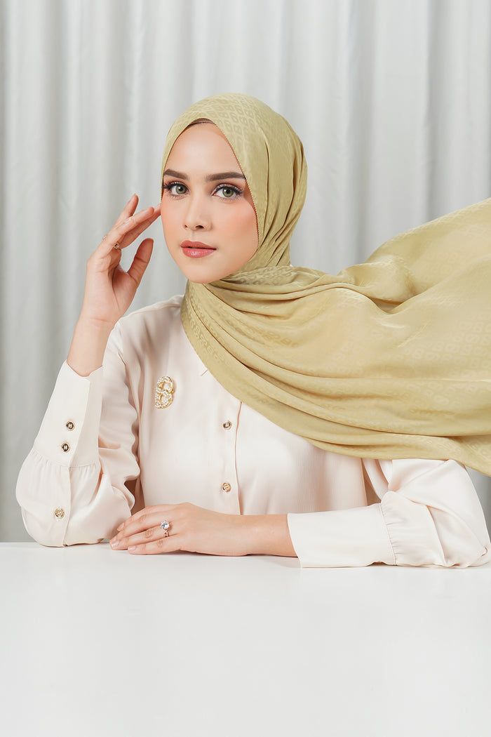 tapis satin jacquard shawl in khaki by buttonscarves side view