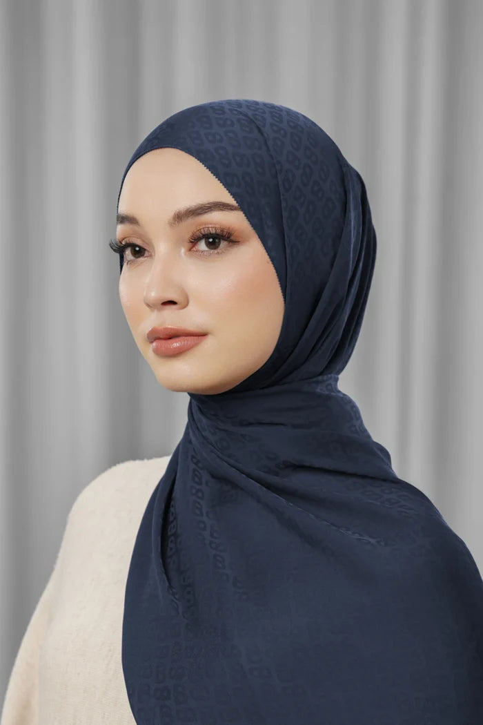 tapis satin jacquard shawl in navy blazer by buttonscarves