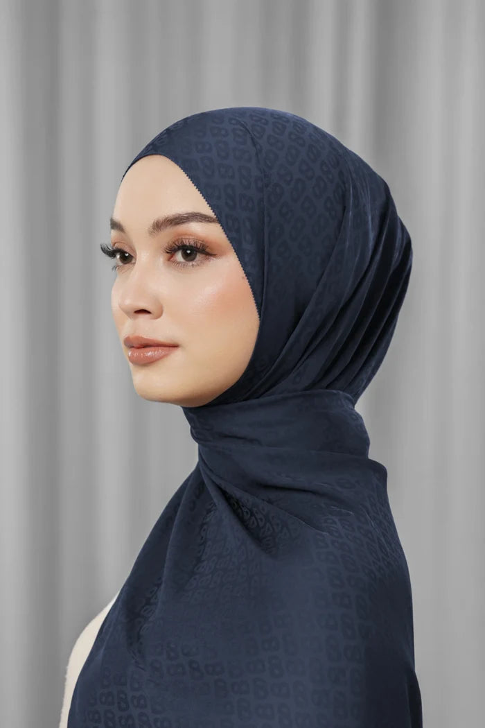 tapis satin jacquard shawl in navy blazer by buttonscarves side view