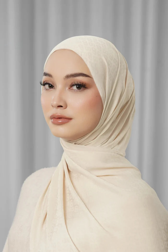 tapis satin jacquard shawl in oatmeal by buttonscarves