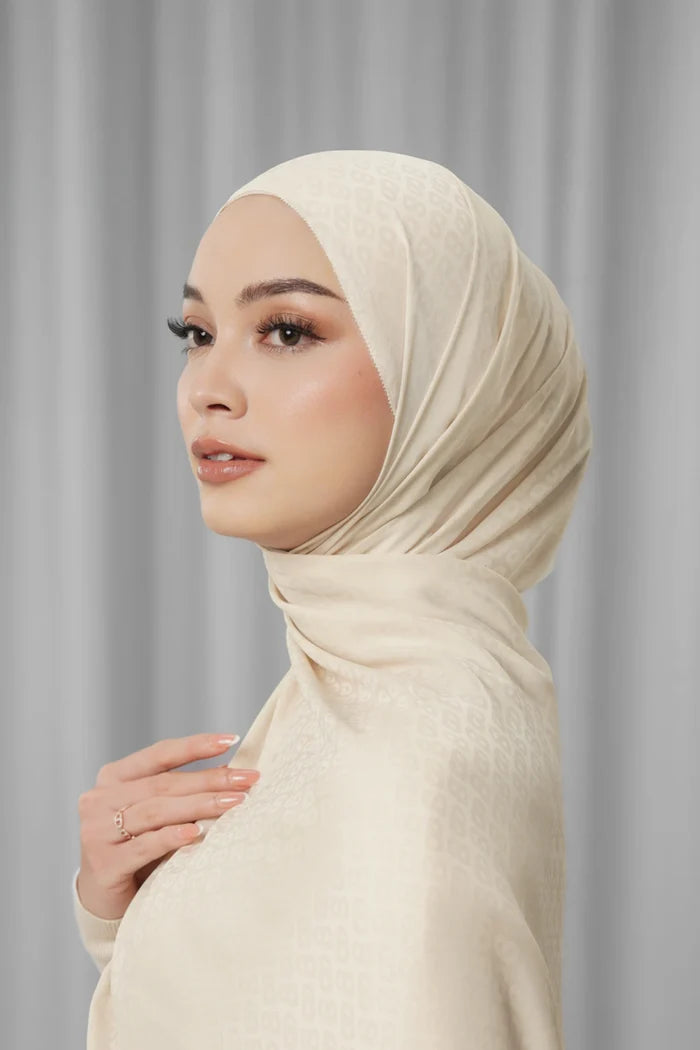 tapis satin jacquard shawl in oatmeal by buttonscarves side view