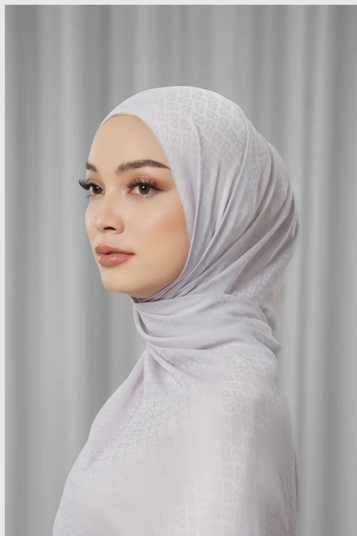 tapis satin jacquard shawl in raindrops by buttonscarves side view