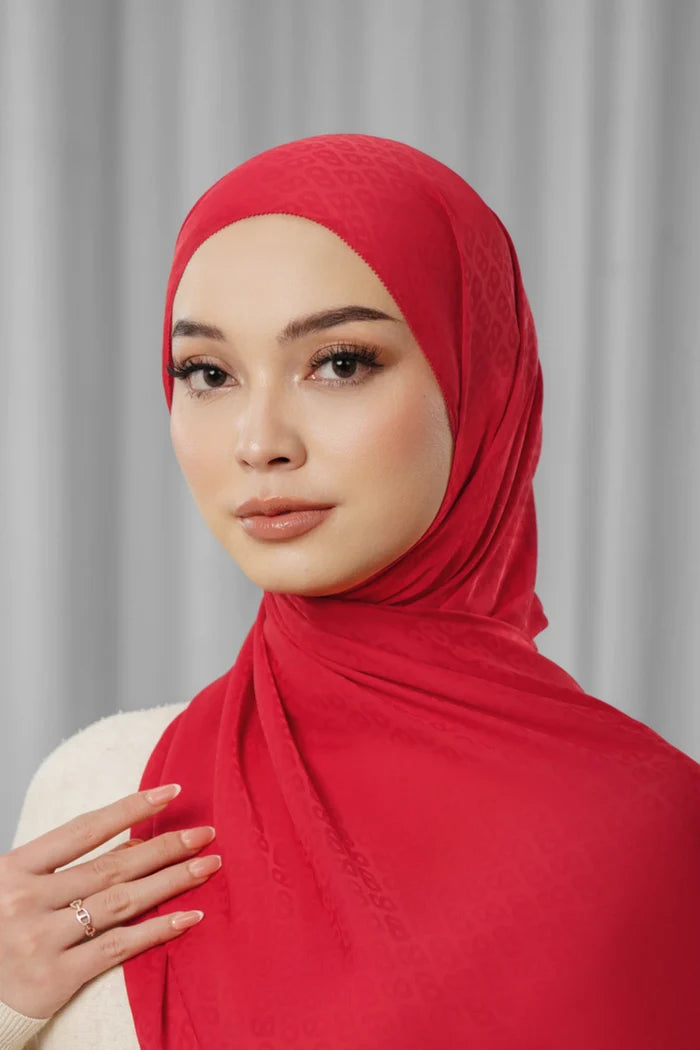 tapis satin jacquard shawl in scarlet by buttonscarves
