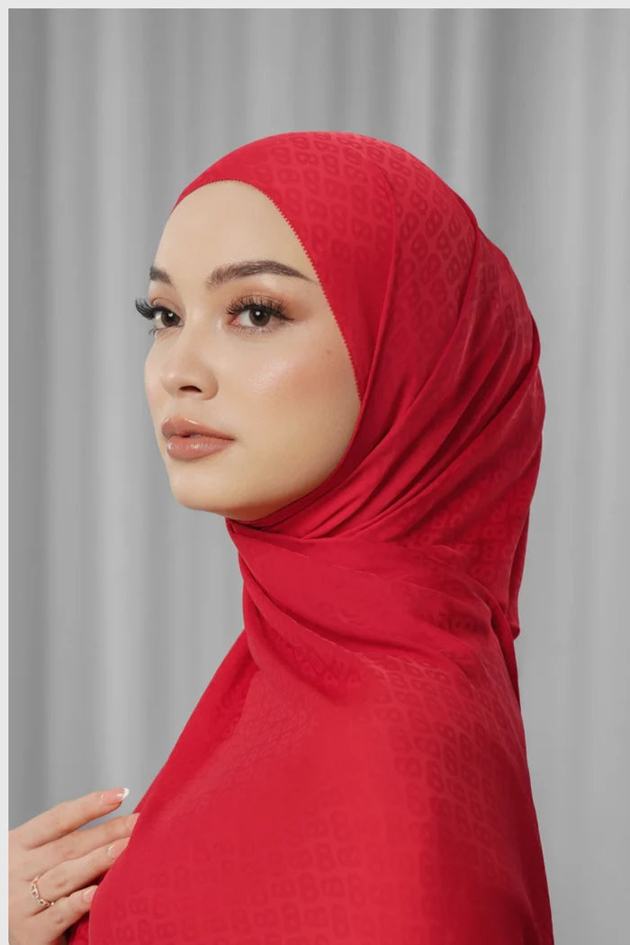 tapis satin jacquard shawl in scarlet by buttonscarves side view