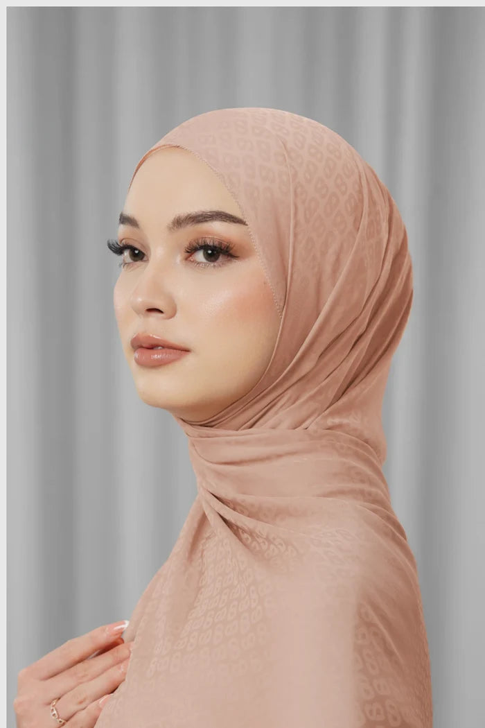tapis satin jacquard shawl in sepia by buttonscarves side view