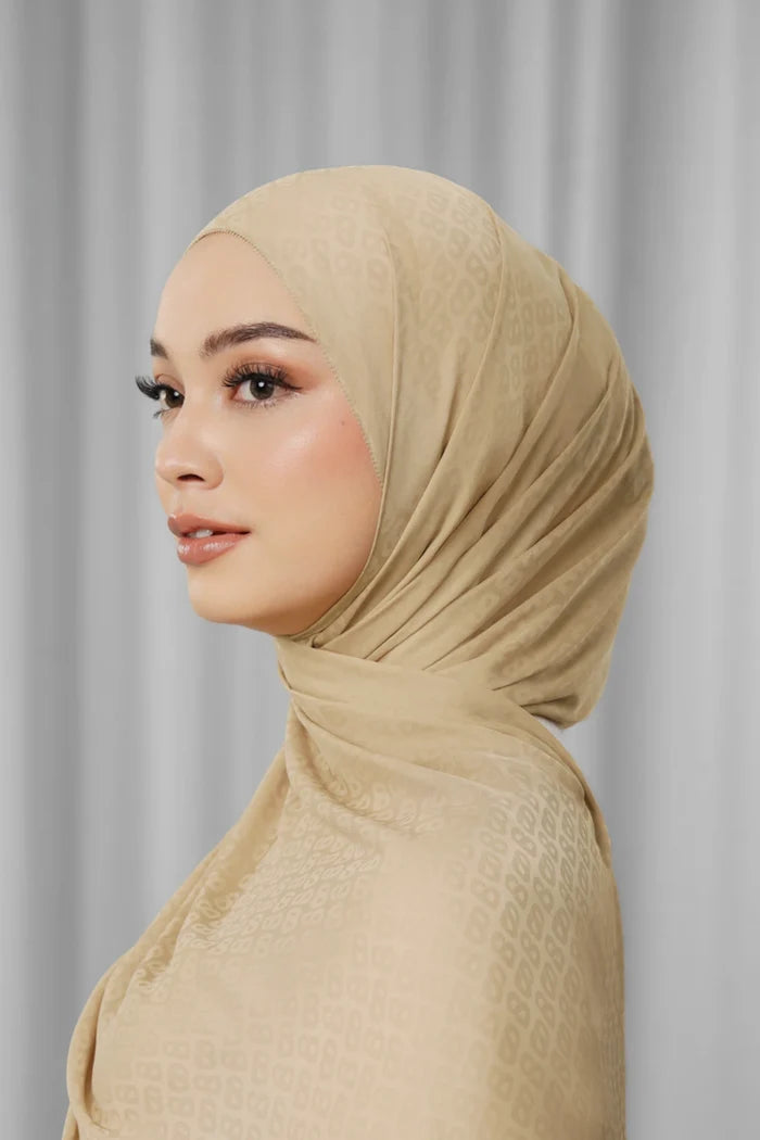 tapis satin jacquard shawl in travertine by buttonscarves side view