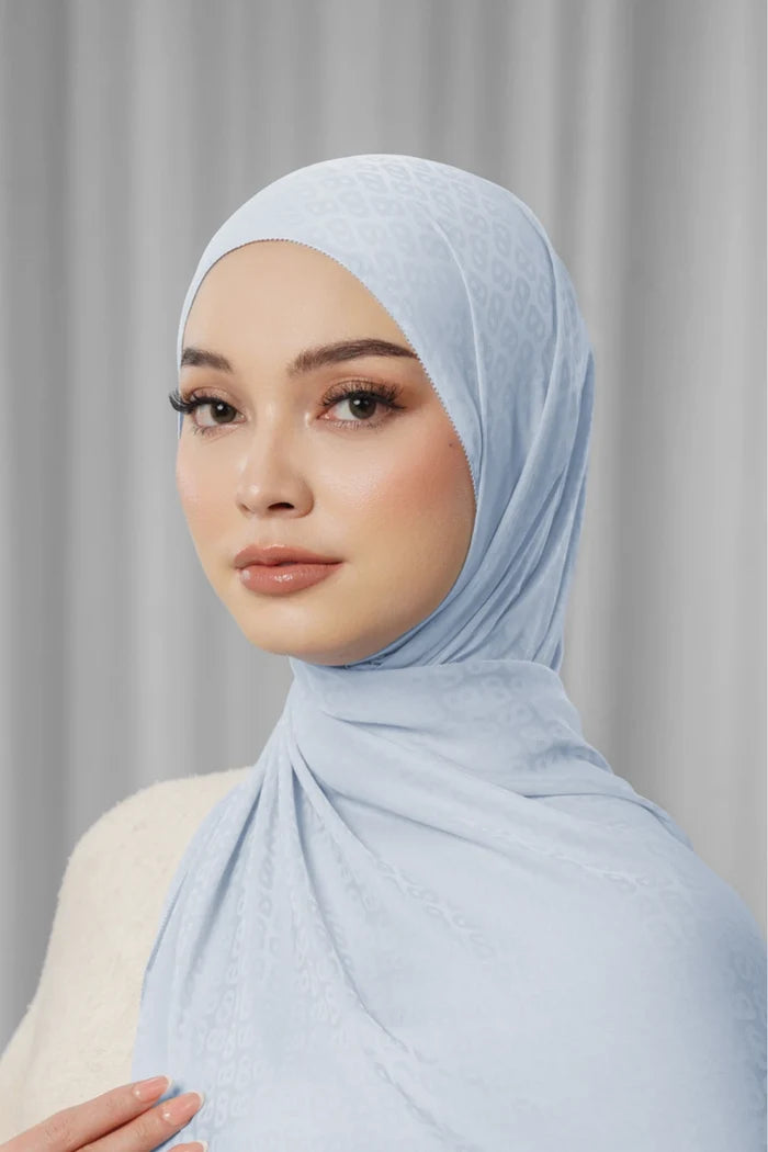 tapis satin jacquard shawl in zen blue by buttonscarves