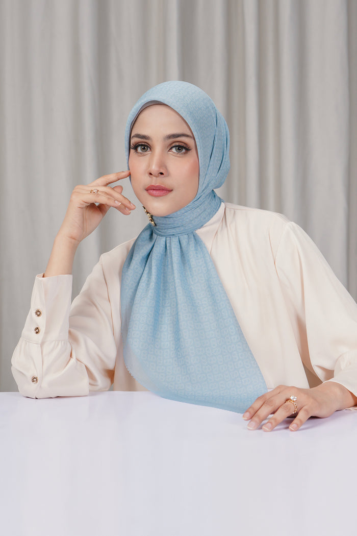 tapis square scarf in baby blue by buttonscarves front view