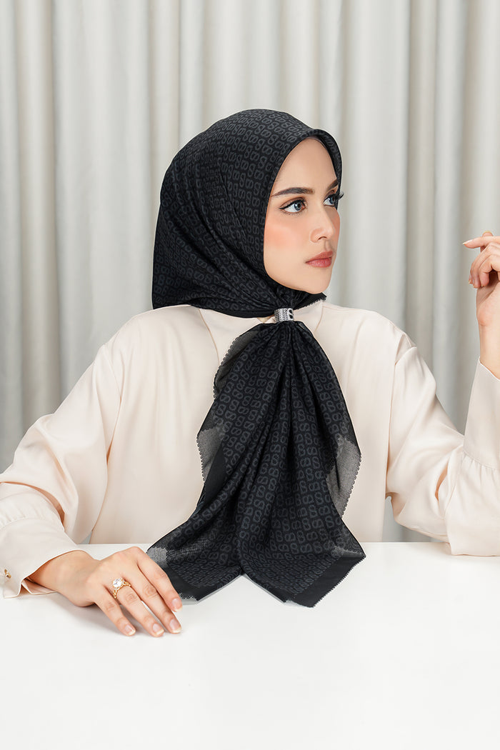 tapis square scarf in caviar by buttonscarves side view