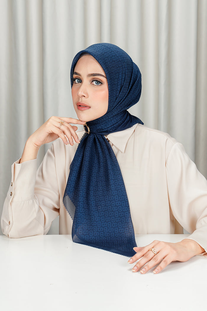 tapis square scarf in estate blue by buttonscarves side view