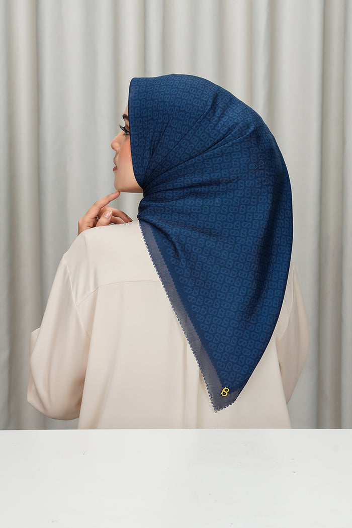 tapis square scarf in estate blue by buttonscarves back view