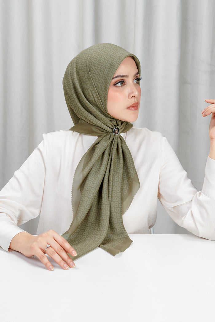 tapis square scarf in khaki by buttonscarves side view