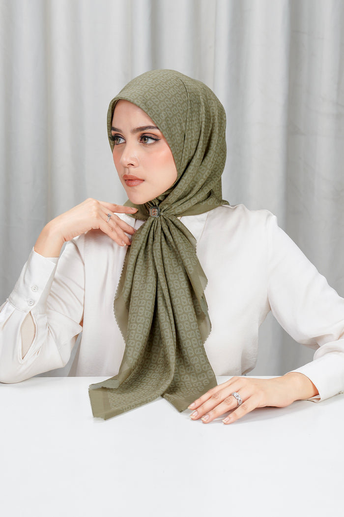 tapis square scarf in khaki by buttonscarves side view