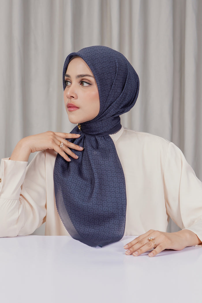 tapis square scarf in medieval blue by buttonscarves side view