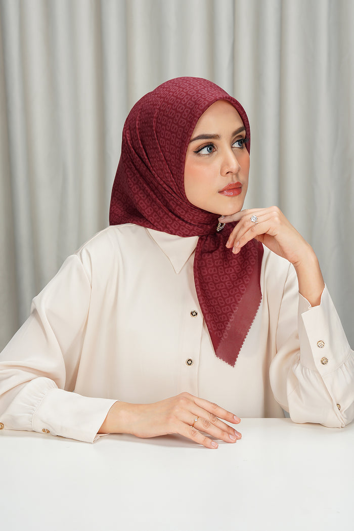tapis square scarf in pompeian red by buttonscarves side view