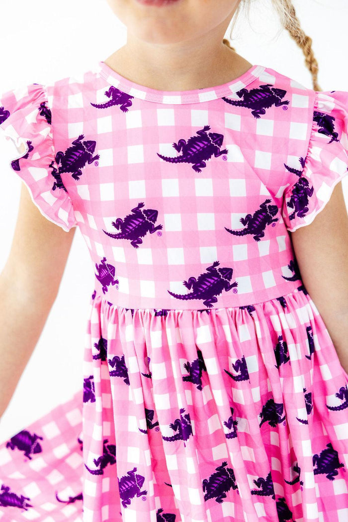 TCU Pink Gingham Frog Flutter Twirl Dress-Mila & Rose ®