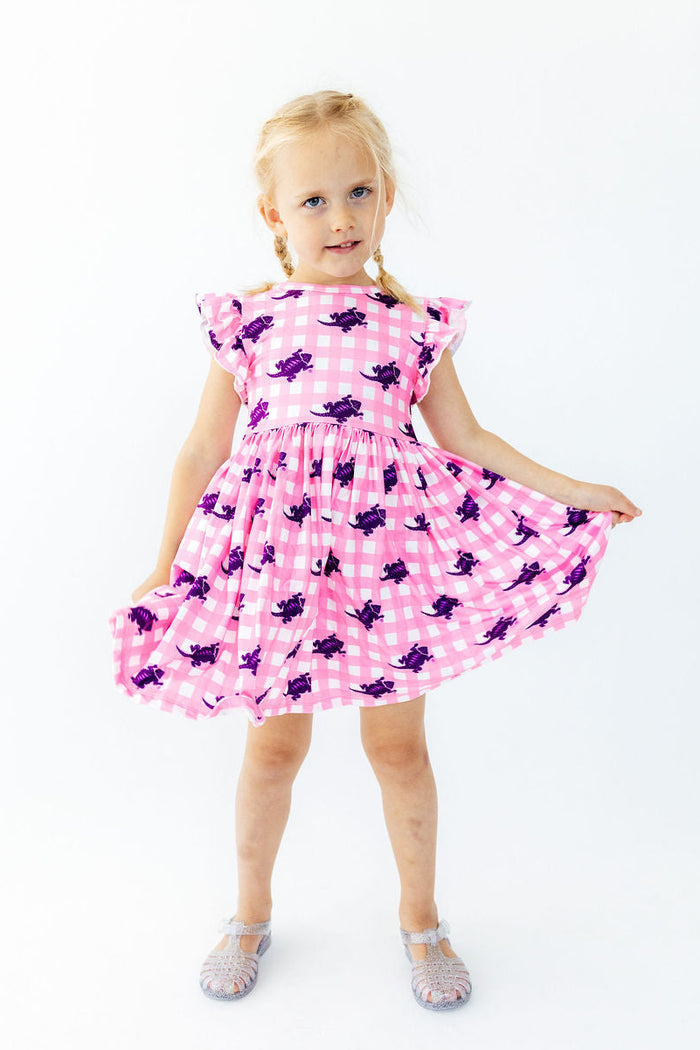 TCU Pink Gingham Frog Flutter Twirl Dress-Mila & Rose ®