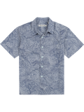 Blue shirt with white ocean wave print, short sleeves, button-up front view shown in both images.