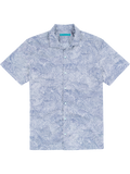 Blue and white wave-pattern cotton short-sleeve shirt, flat lay and flat display front view on white background.