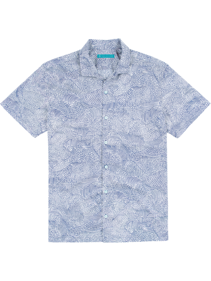 Blue and white wave-pattern cotton short-sleeve shirt, flat lay and flat display front view on white background.