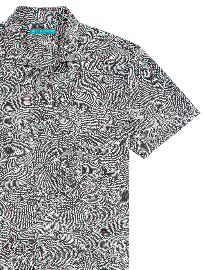 Black and white wave-print cotton button-up shirt, front view.