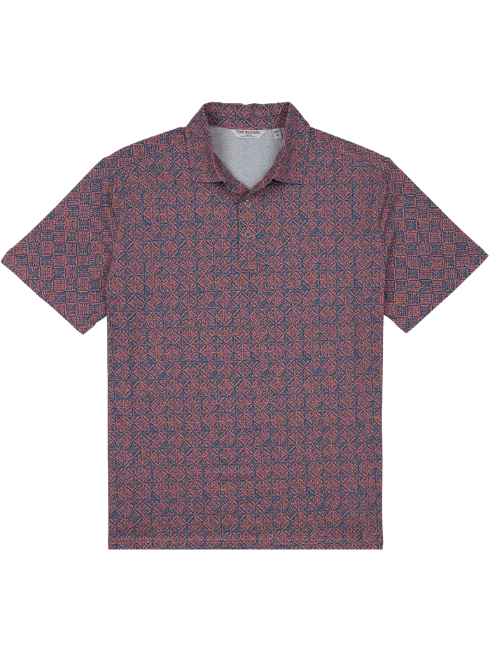 Red short-sleeve polo with red/blue geometric print, moisture-wicking fabric, shown front and side views.