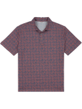 Red short-sleeve polo with red/blue geometric print, moisture-wicking fabric, shown front and side views.