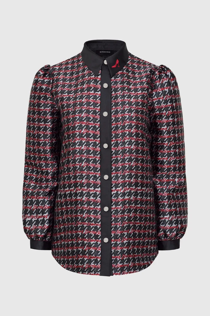 the editor houndstooth shirt in charcoal grey by buttonscarves x the devil wears prada 2