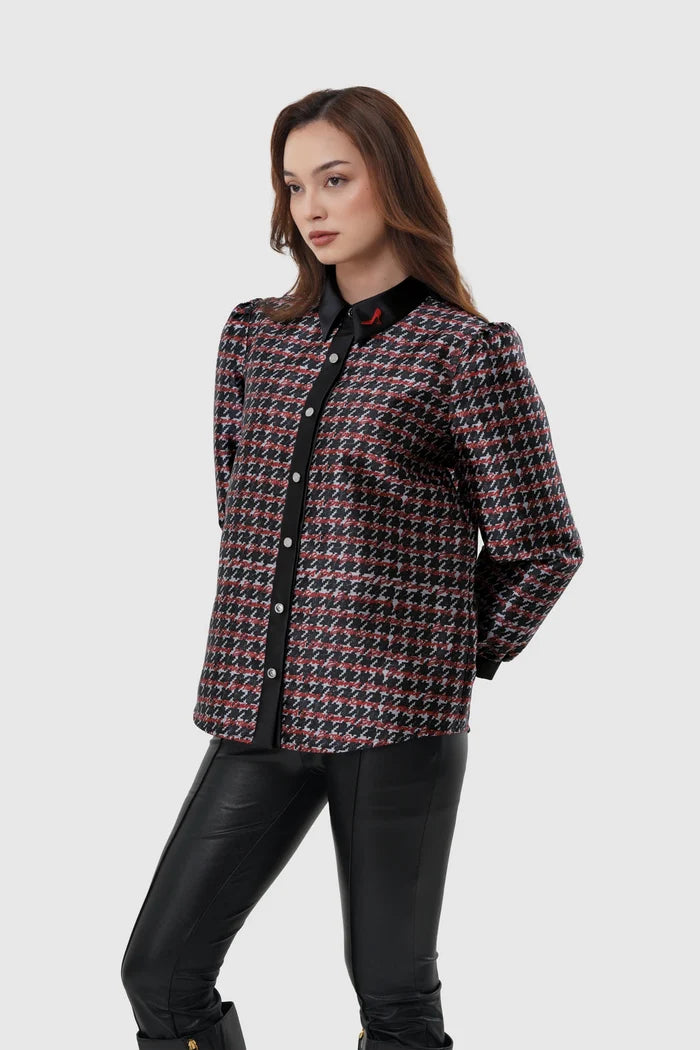 the editor houndstooth shirt in charcoal grey by buttonscarves x the devil wears prada 2 front view
