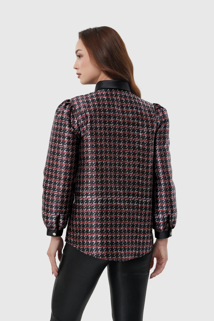 the editor houndstooth shirt in charcoal grey by buttonscarves x the devil wears prada 2 back view
