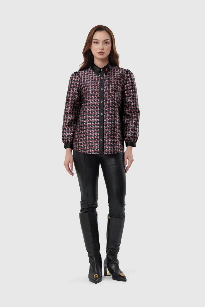 the editor houndstooth shirt in charcoal grey by buttonscarves x the devil wears prada 2 full body view