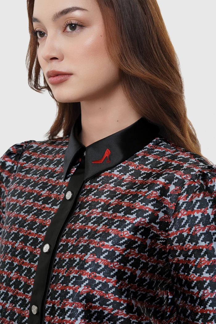 the editor houndstooth shirt in charcoal grey by buttonscarves x the devil wears prada 2 pattern detail